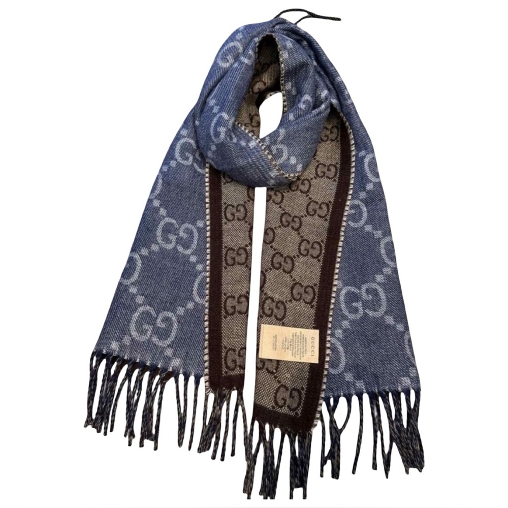 Gucci Check GG Brown / Blue Wool Scarf